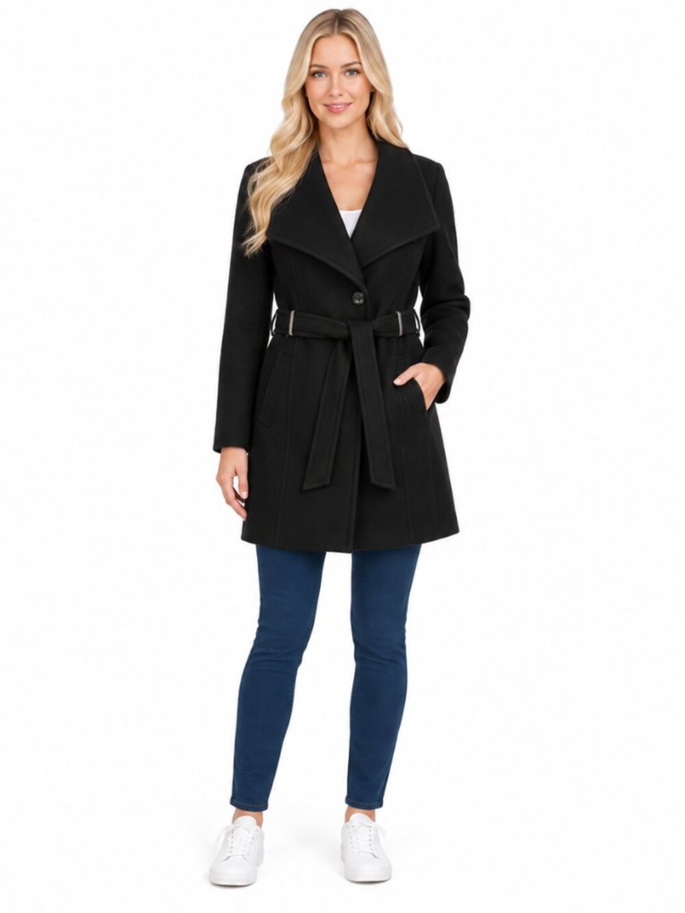 DKNY Black Wool Blend Belted Shawl Collar Coat Jacket Women's L NWT